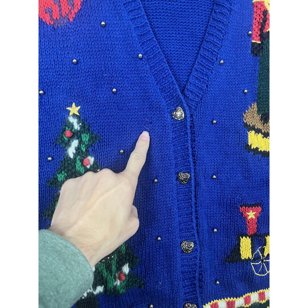 Essential Elements Cardigan Sweater Womens Large Blue Christmas Ugly Beaded - Picture 2 of 8